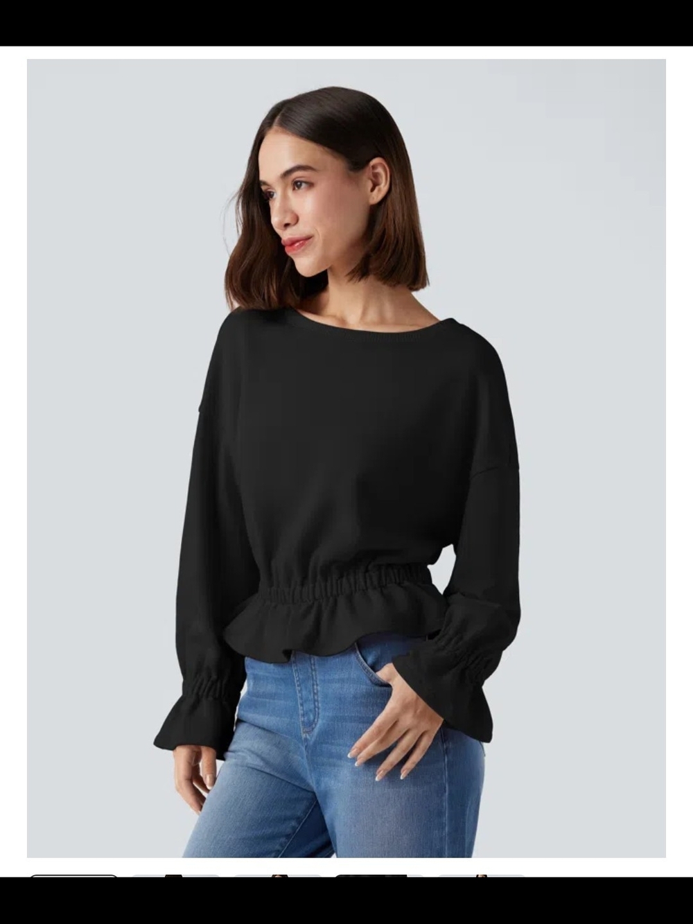 HALARA Black Elastic-Waist Long Sleeve Blouse